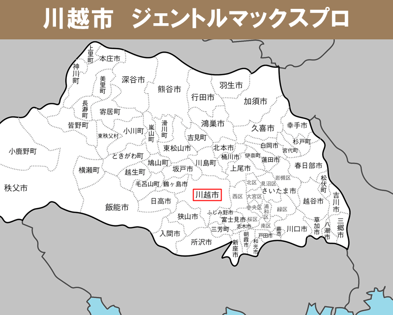 埼玉県の白地図　川越市に赤枠