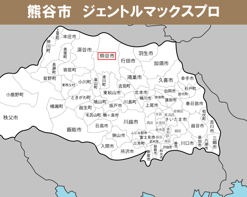 埼玉県の白地図　熊谷市に赤枠