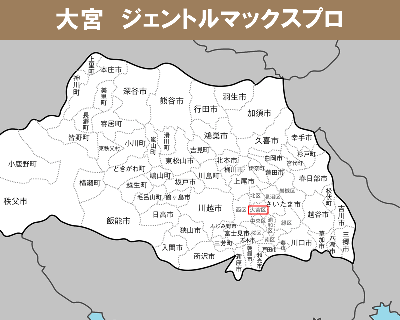 埼玉県の白地図 　大宮に赤枠