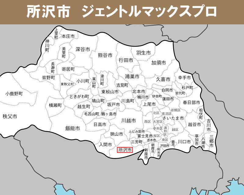 埼玉県の白地図　所沢市に赤枠