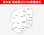 栃木県の白地図　熱破壊式だけで医療脱毛を受けられるおすすめクリニックがある市区町村名に赤枠