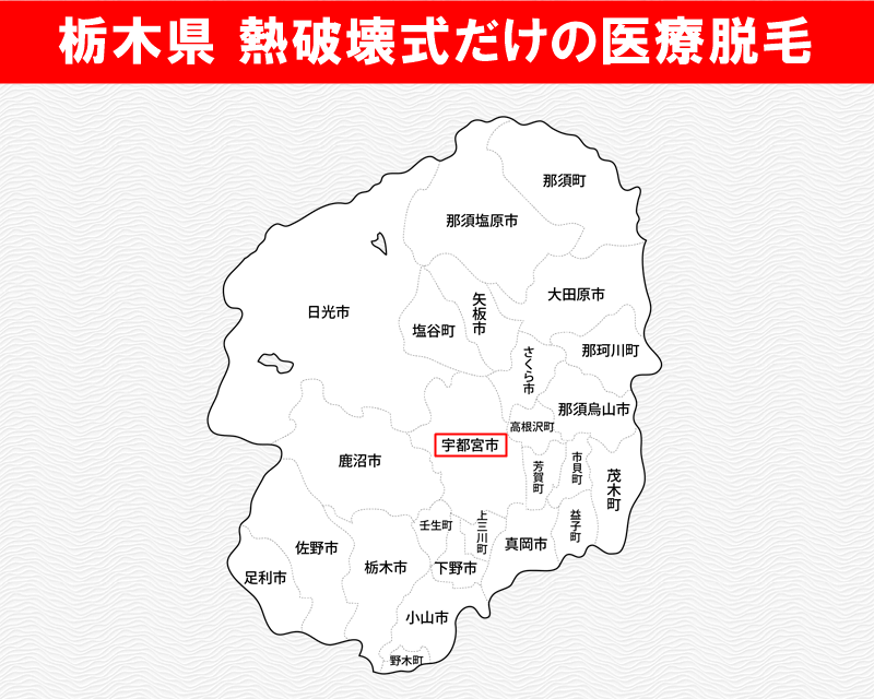 栃木県の白地図　熱破壊式だけで医療脱毛を受けられるおすすめクリニックがある市区町村名に赤枠