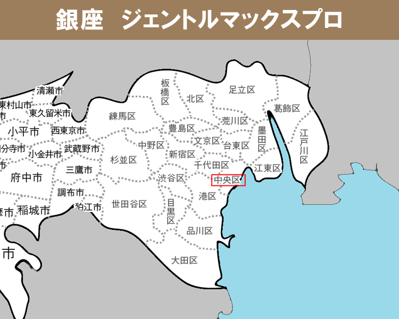 東京都の白地図　中央区に赤枠