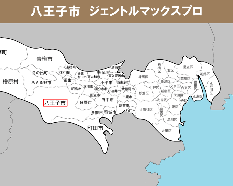 東京都の白地図　八王子市に赤枠