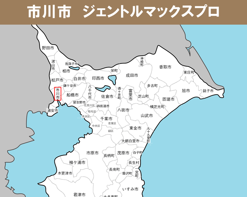 千葉県の白地図　市川市に赤枠