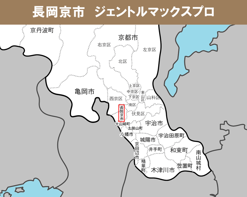 京都府の白地図　長岡京市に赤枠