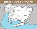 愛知県の白地図　豊橋市に赤枠　名古屋市に青枠