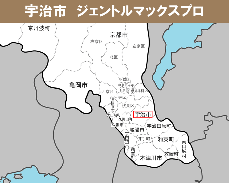 京都府の白地図　宇治市に赤枠