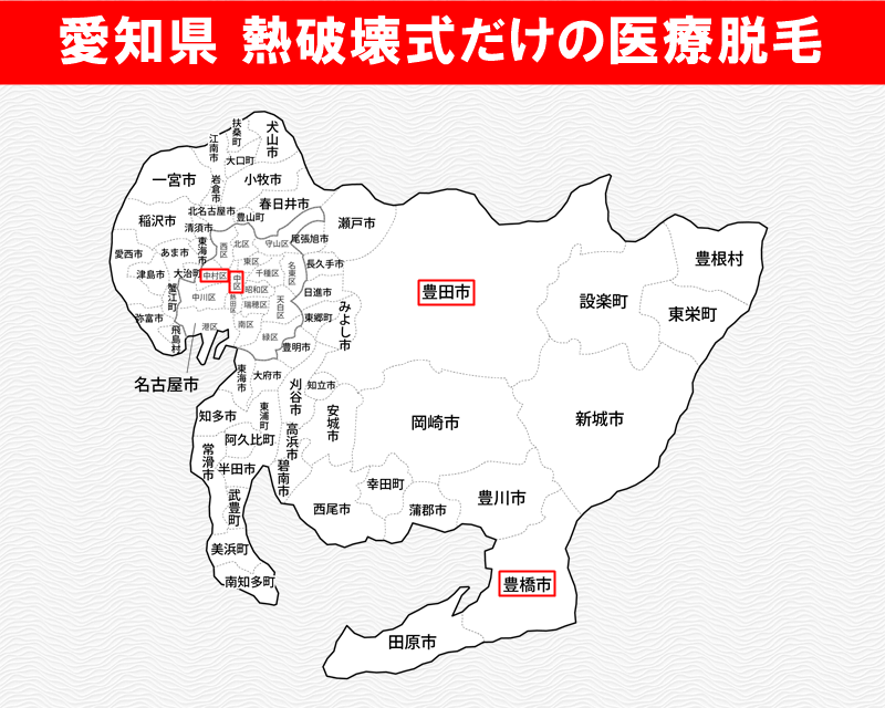 愛知県の白地図　熱破壊式だけで医療脱毛を受けられるおすすめクリニックがある市区町村名に赤枠