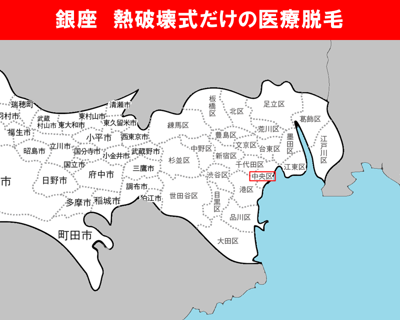 東京都の白地図　中央区に赤枠
