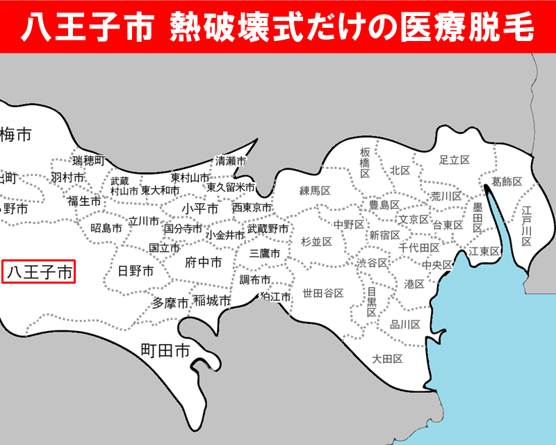 東京都の白地図　八王子市に赤枠