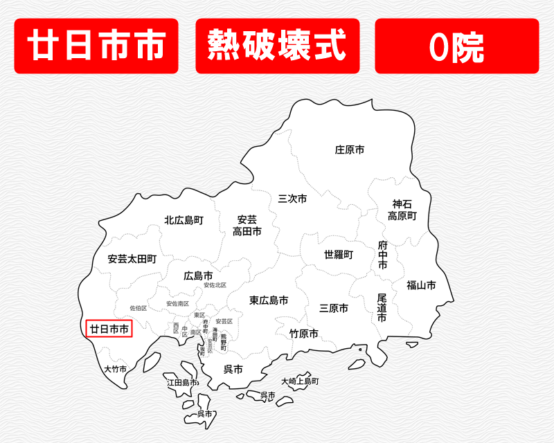 広島県の白地図　廿日市市に赤枠　熱破壊式のみで施術