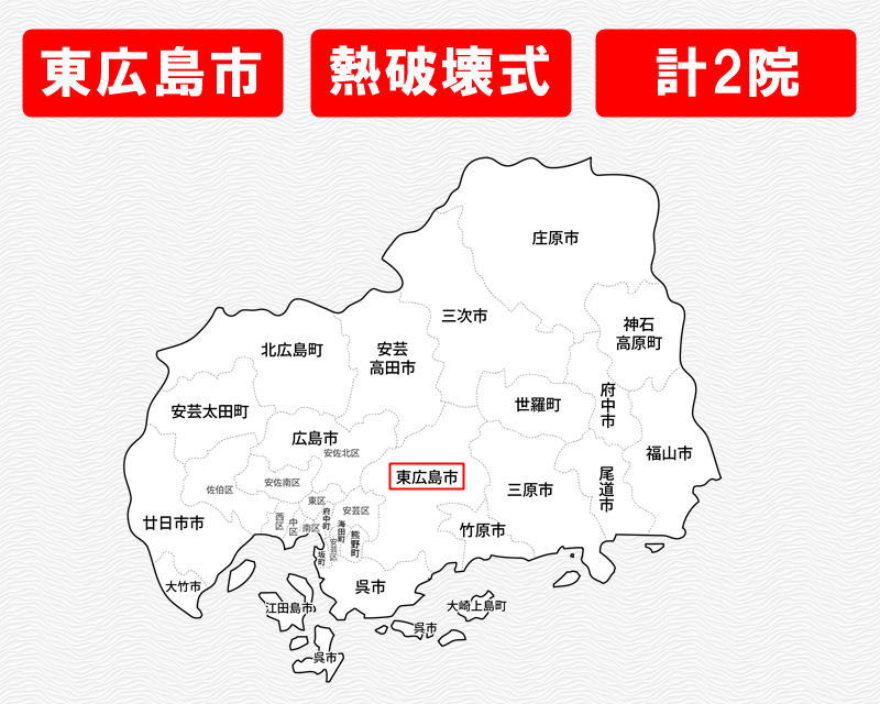 広島県の白地図　東広島市に赤枠　熱破壊式のみで施術