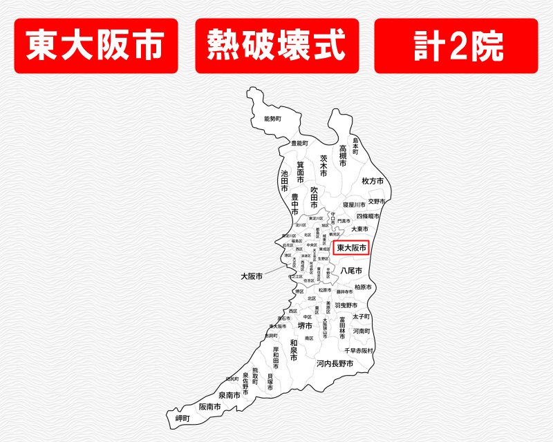 大阪府の白地図　東大阪市に赤枠　熱破壊式のみで施術
