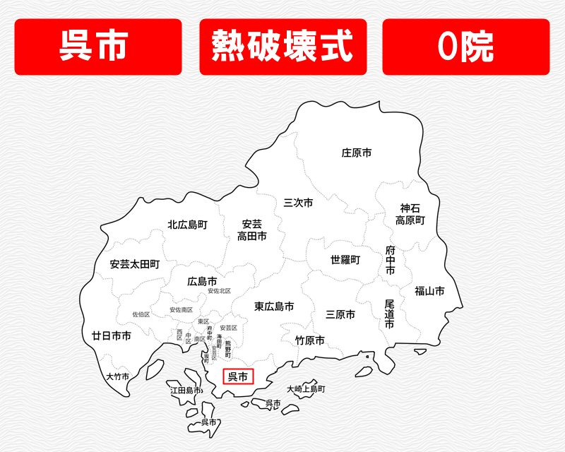 広島県の白地図　呉市に赤枠　熱破壊式のみで施術