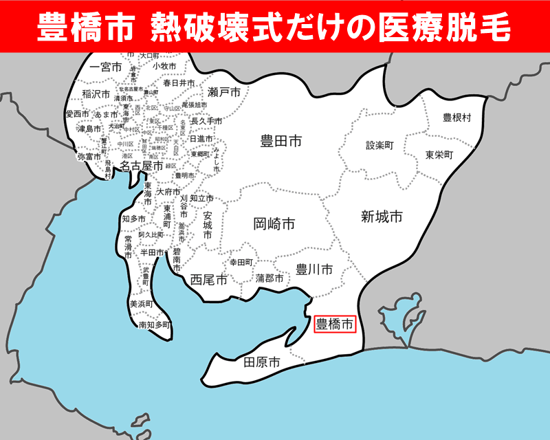 豊橋市に赤枠　愛知県の白地図（隣接都道府県付き）