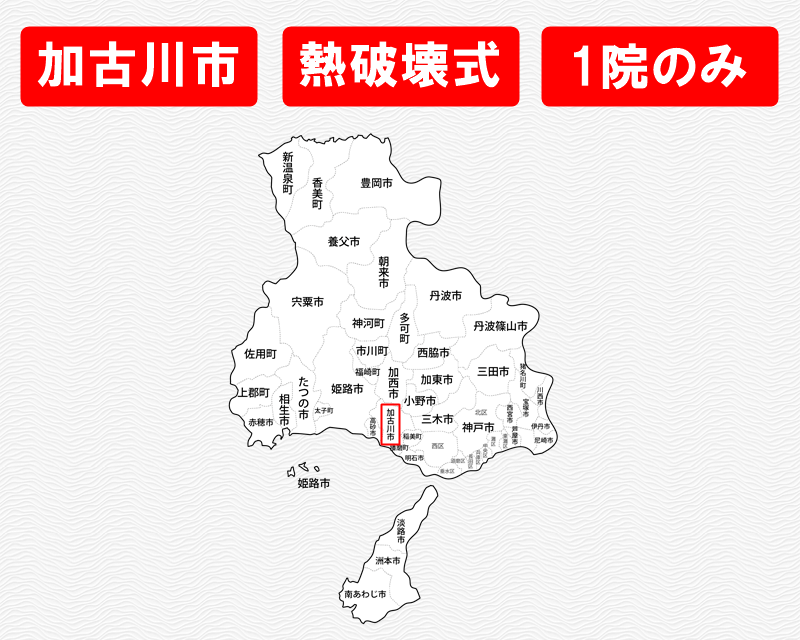 兵庫県の白地図　加古川市に赤枠　熱破壊式のみで施術