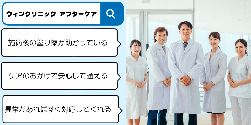 ウィンクリニックのアフターケアに関する口コミと医師と看護師の写真