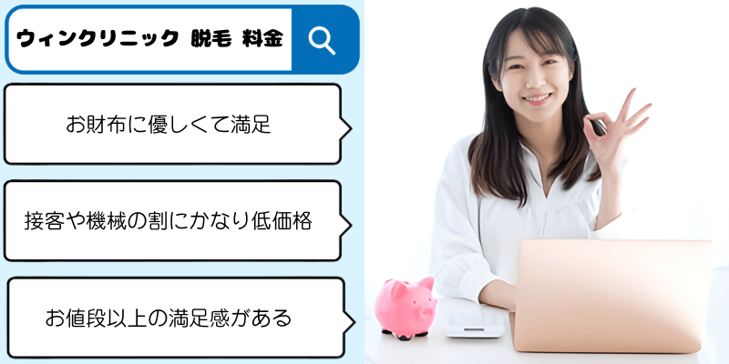 ウィンクリニックの脱毛料金に関する口コミと笑顔の女性