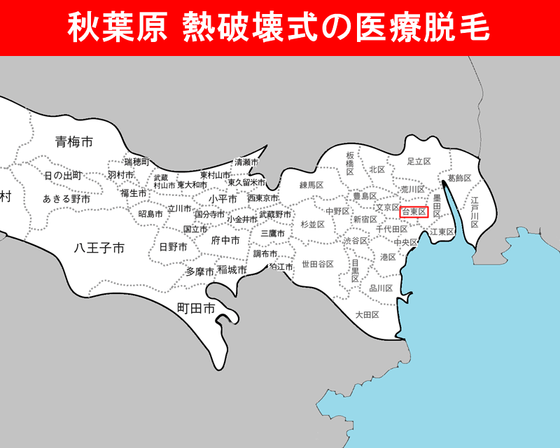 東京都の白地図　台東区（秋葉原）に赤枠