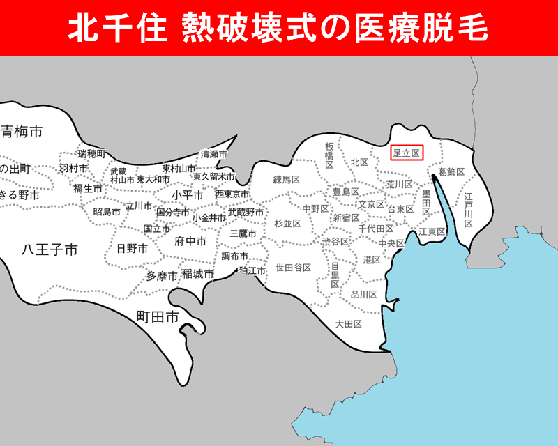 東京都の白地図　足立区（北千住）に赤枠