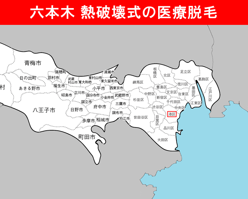 東京都の白地図　港区（六本木）に赤枠